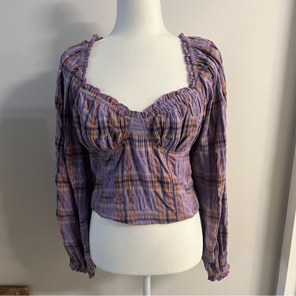 Free People Long Sleeve Top Purple Plaid